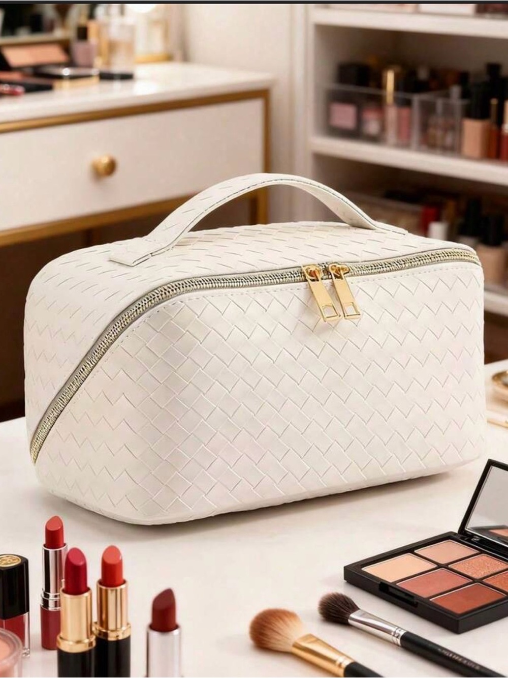 NEW LARGE CAPACITY COSMETICS BAGWhite Woven Cosmetic Travel Case with Top Handle